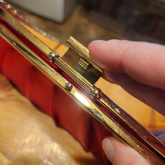 Vintage 90s Jessica McClintock Red Satin Clutch Purse with Metal Chain Strap - Picture 7 of 8